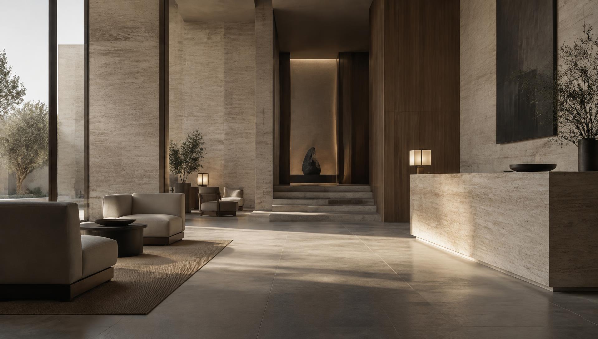 A travertine hotel lobby in soft afternoon light