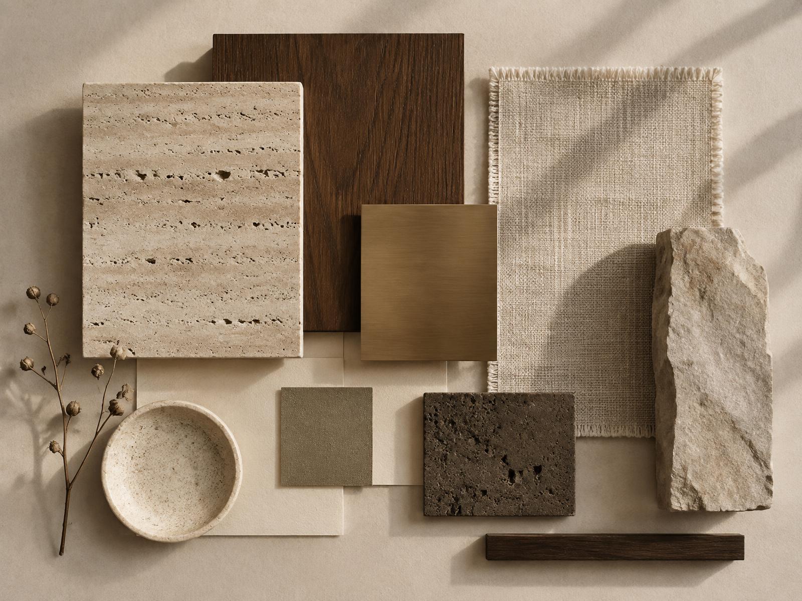 Material palette of travertine, oak, linen and bronze